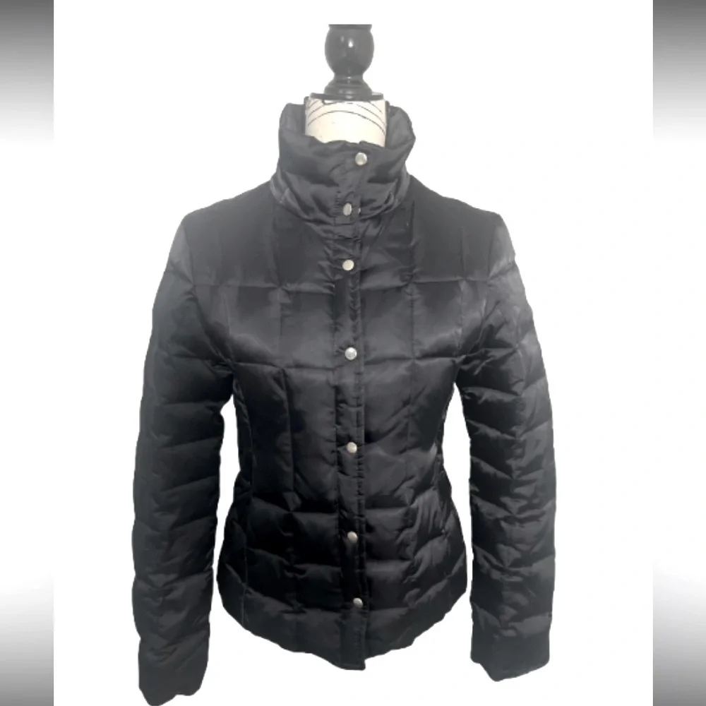 Express Black Puffer Jacket with High Collar pockets button & zipper closure